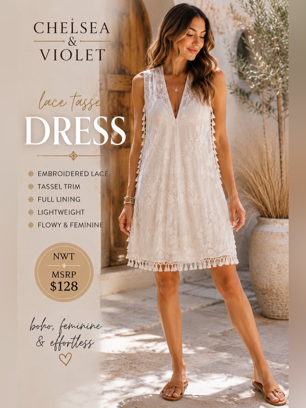 NWT Chelsea & Violet Ivory Embroidered Lace Tassel Boho Dress. large